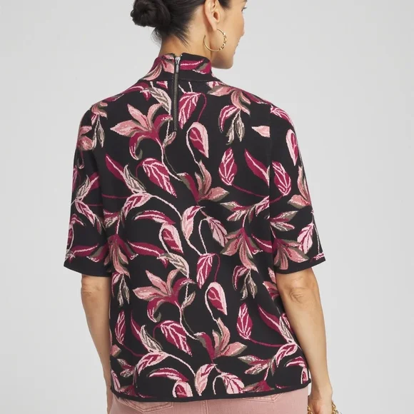 Chico's Black and Pink Floral Turtleneck Sweater NWT 0 - Picture 2 of 4